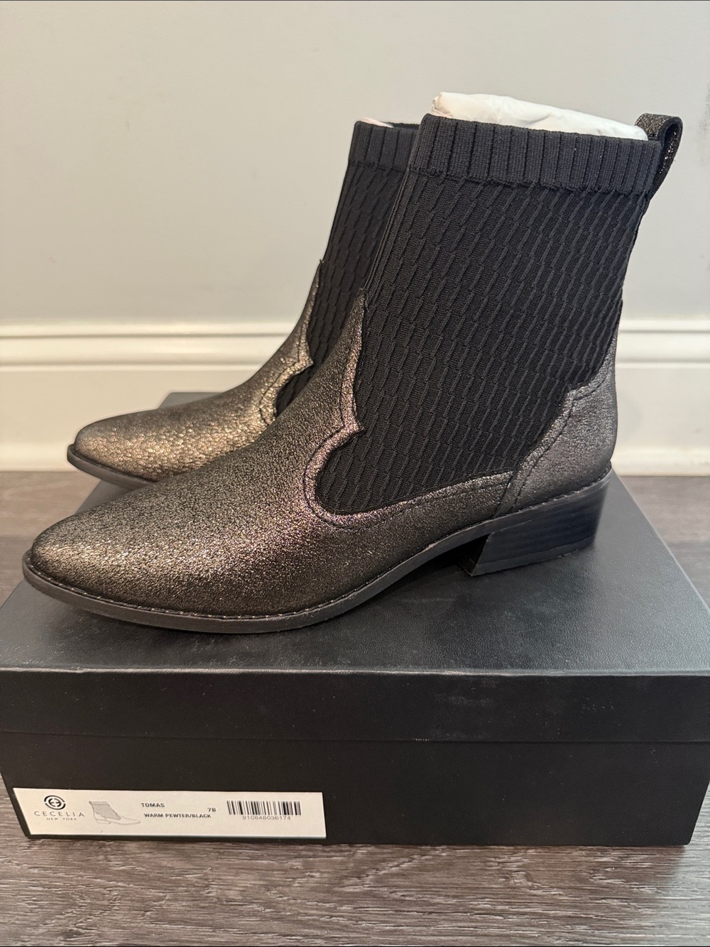 Cecelia NY Metallic Black Ankle Booties with Knit Shaft